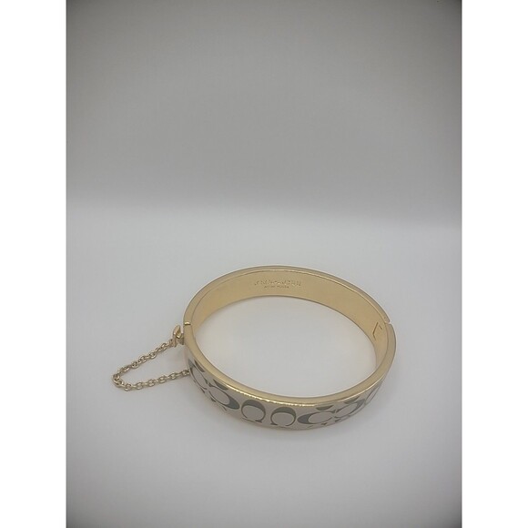 Coach Enamel Hinged Bangle Bracelet Gold Tone Black White C Logo New York Stamp - Picture 2 of 14